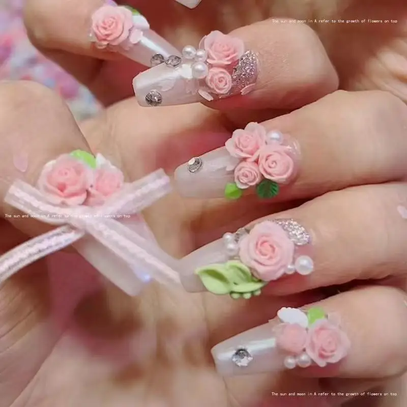20pcs ลูกไม้ & 30pcs 3D ขนาดผสมเพิร์ลเรซิ่นดอกไม้สีชมพู Rose เล็บ Charms อุปกรณ์เสริมเล็บหรูหราตกแต่งอุปกรณ์