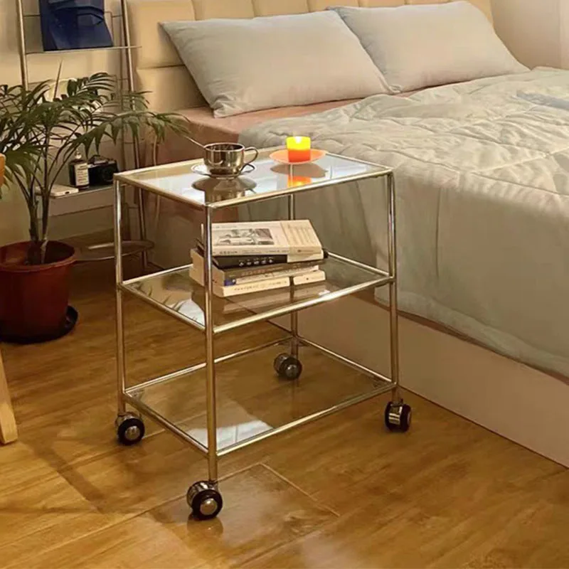 Coffee Tables Living Room Sofa Side Tables Nordic Transparent Glass Storage Shelf Creative Auxiliary Table with Wheels Furniture