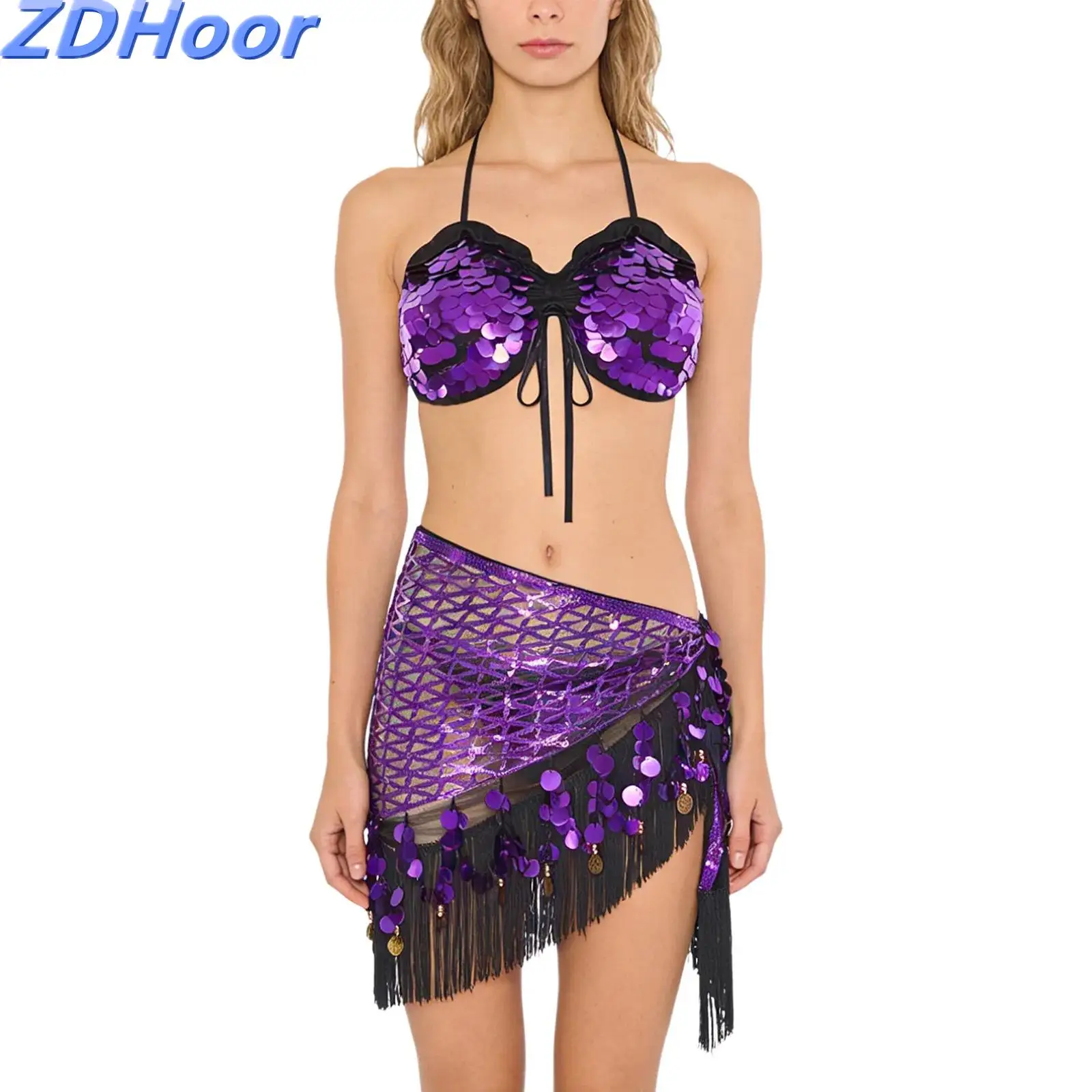 

Womens Tassel Belly Dance Outfits Shiny Sequin Halter Lace-up Crop Top And Sequin Triangle Hip Scarf Waist Chain Hip Wrap