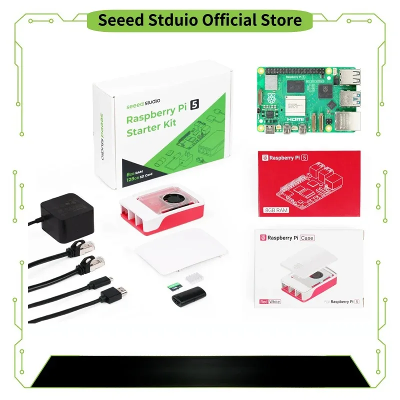 VoFSRaspberry Pi 5 16GB 8GB 4GB Starter Kit Seeed Studio, Official Case With Fan,32GB SD Card,Power Supply,HDMI Cable,Network C