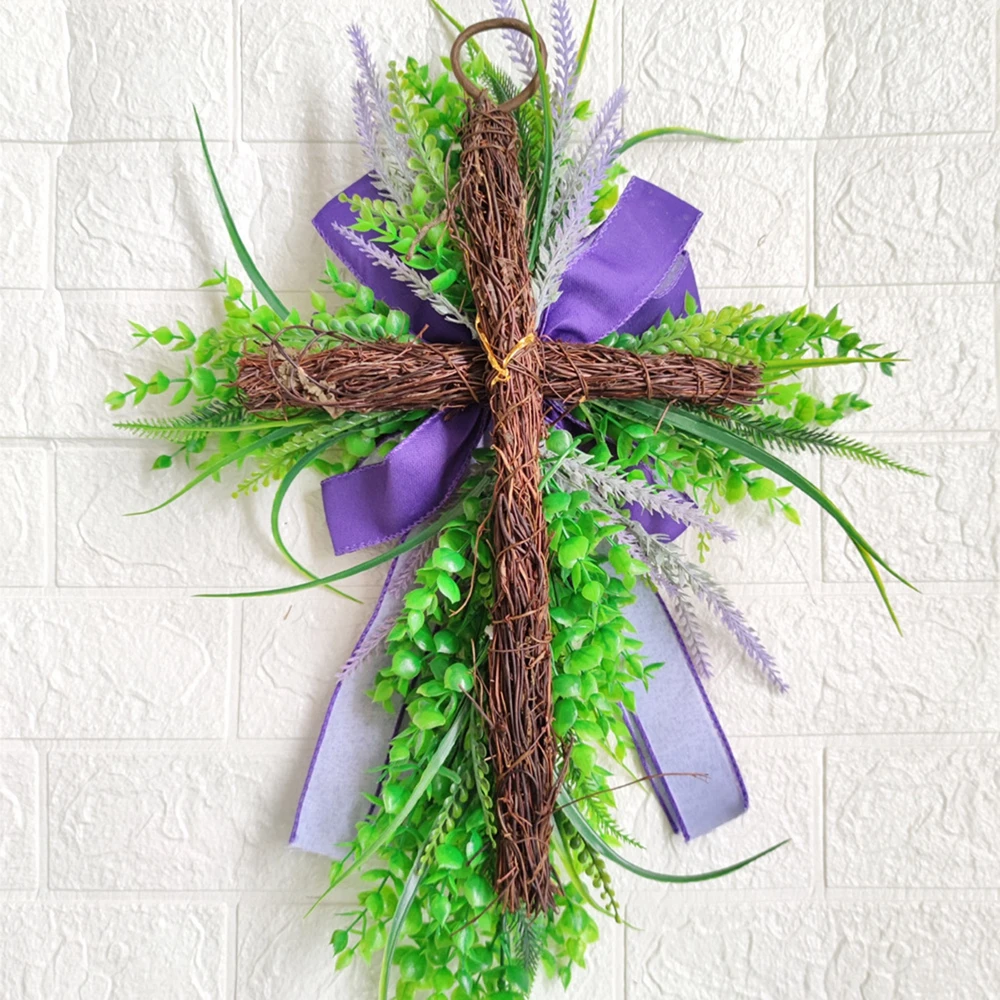 Easter Cross Wreath Church Wreath Cross Wreath for Front Door Wall Home Decor Spring Decor Cross Wreath with Faux Lavender