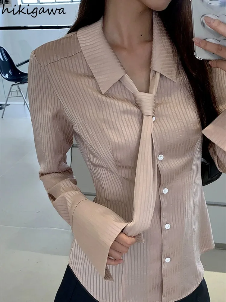 

2025 Women Clothing Striped Blouses Camisas De Mujer Long Sleeve Bandage Bow Slim Fit Shirts Vintage Summer Korean Blouse Tops