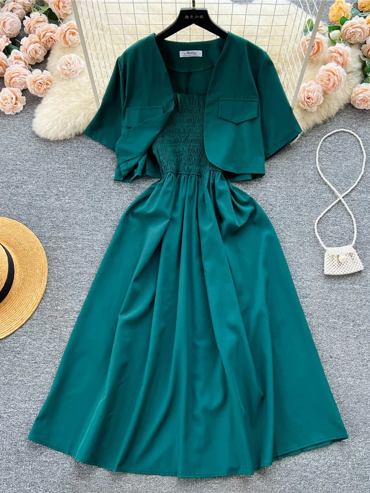 Sweet Memory Summer Women Vintage Two Piece Set Green/Blue/Red/Yellow Elegant Short Cardigans + Spaghetti Strap Dress Suit 2Pcs