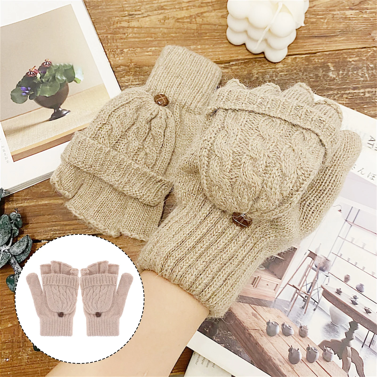 Women Winter Warm Wool Knitted Convertible Fingerless Gloves With Mitten Cover (Brown) Mitten Gloves Women Fingerless Gloves