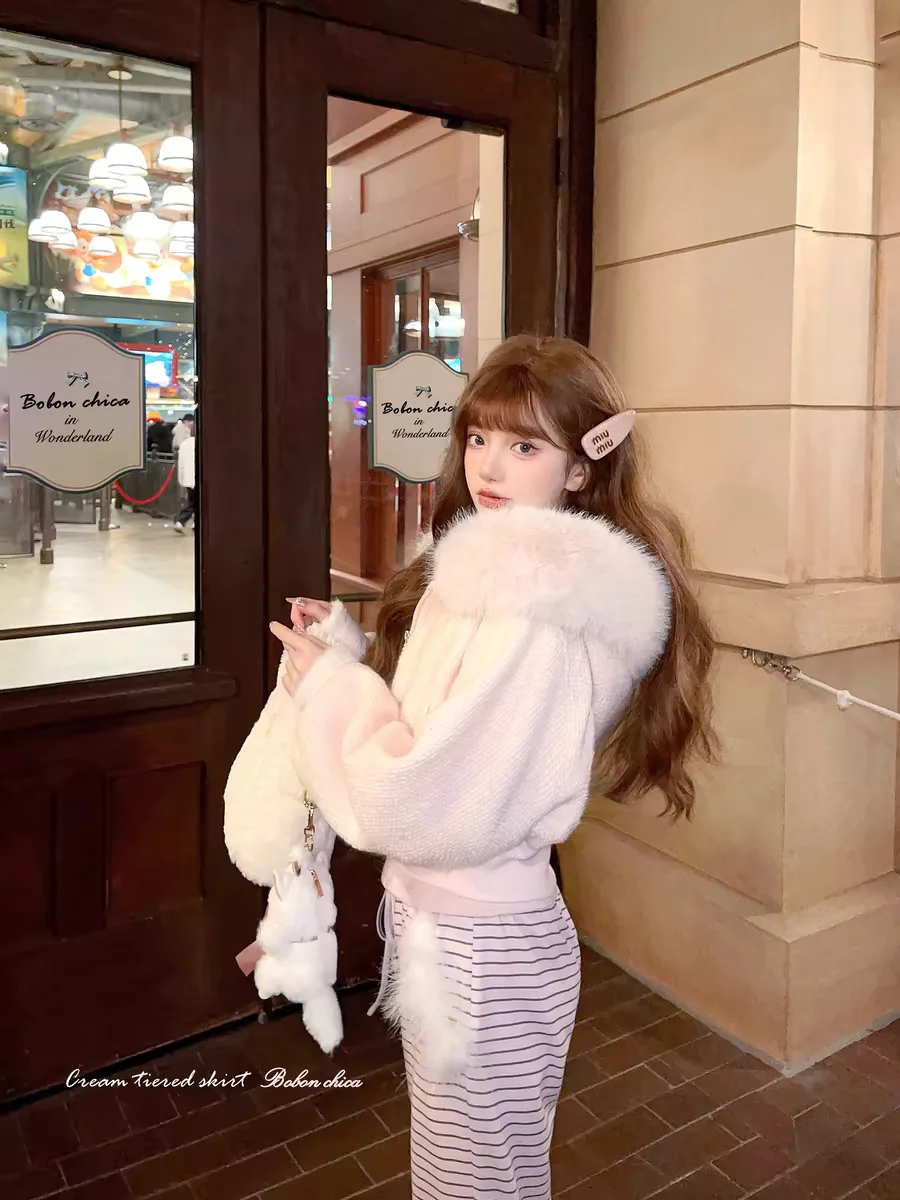 

Princess sweet lolita coat bobon21 Wool fleece with hat big wool collar short jacket C2375