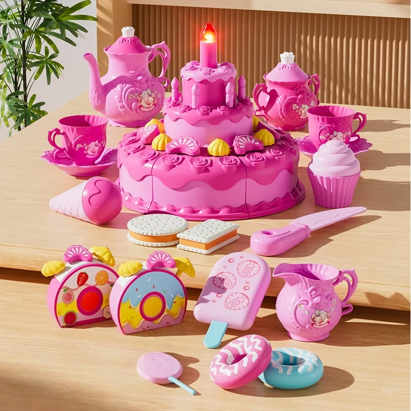 Criativo fingir jogar bolo de aniversário corte brinquedos conjunto simulação soprando vela sobremesa frutas diy montar brinquedo menina presente aniversário
