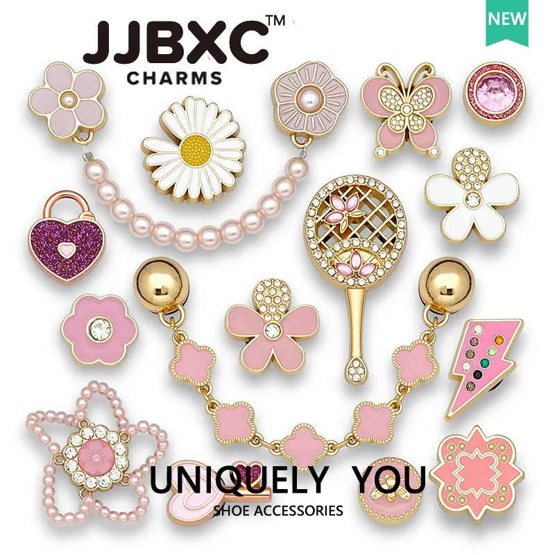 Metal JJBXC charm Hole  Shoe Accessories Pearl Flower Pink Pearl Pin Cute Ladies Shoe Decorations  Suitable for cross Shoes