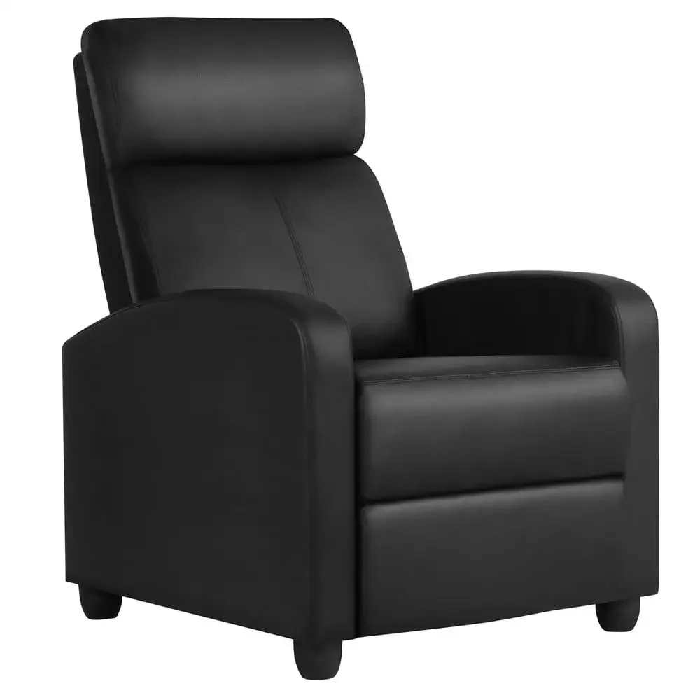 Padded Faux Leather Recliner Chair with Footrest Black Sturdy Comfortable Easy Cleaning Theater Seat 265 lb Capacity Push Back