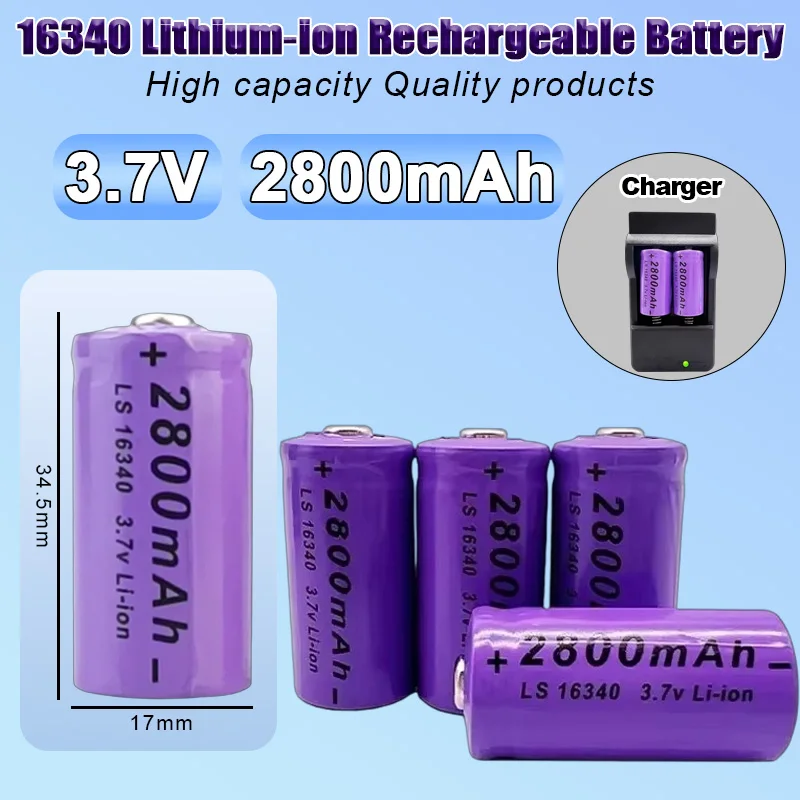 

16340 CR123A Rechargeable Battery 2800mAh 3.7V Li-ion with USB Type-C Charger | 2-Packs High Capacity Fast Charging