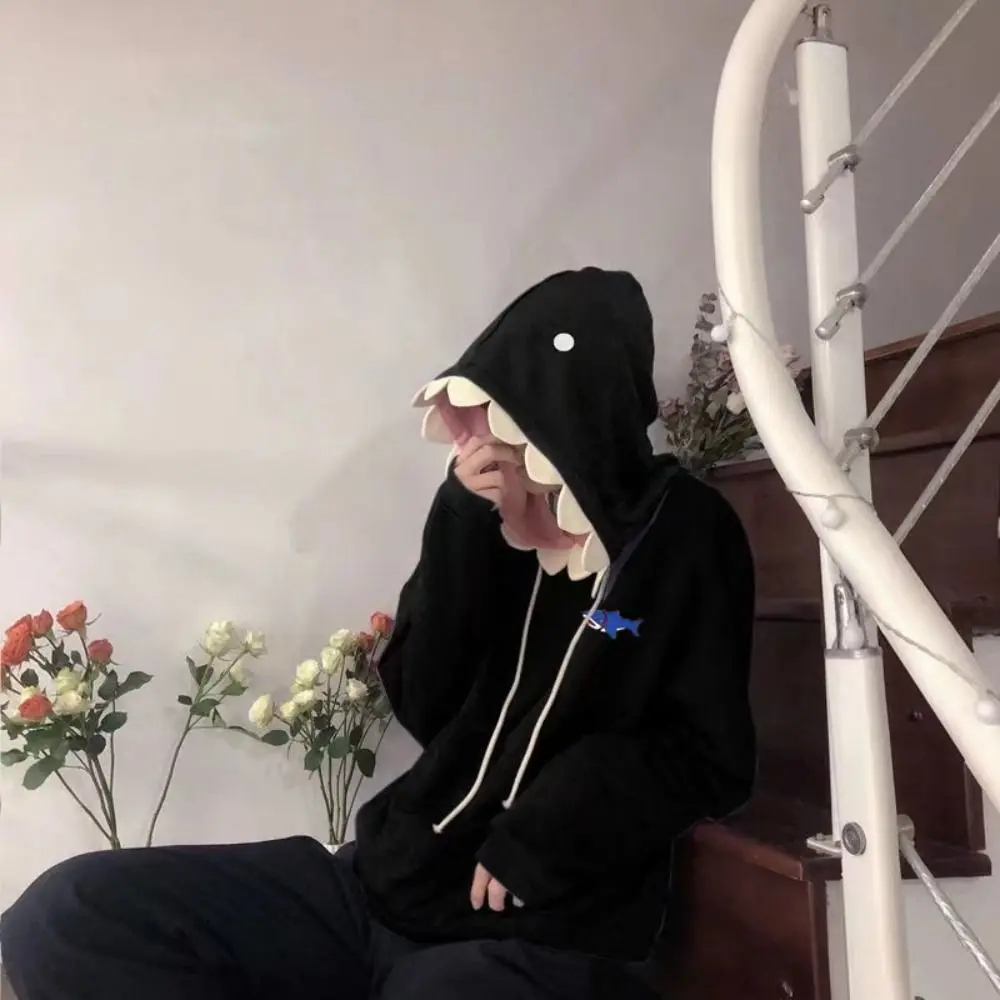 

Funny Design Long Sleeve Fleece Shark Hoodies Pullover Top Coat Hooded Sweatshirts Loose Drawstring Shark Hat Sweater Women Man