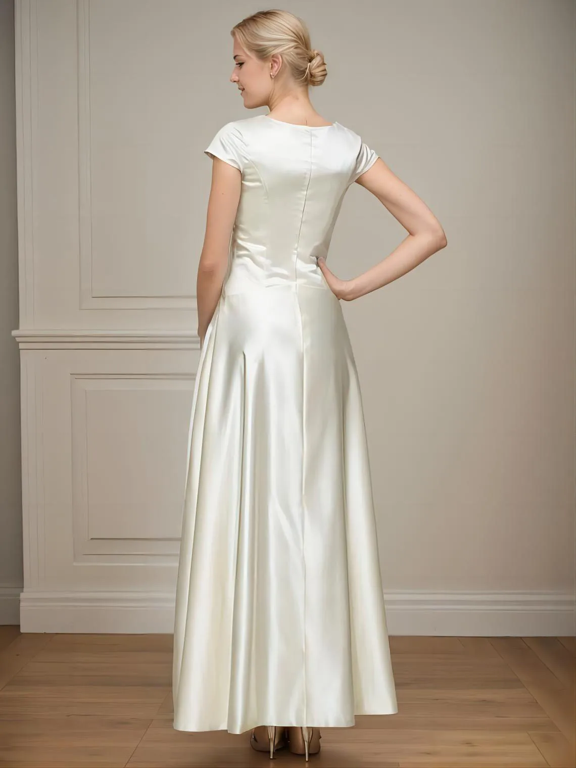 Gaun Tamu Pernikahan A-Line Elegan Gaun Malam Prom Pinggang Manik-manik Lengan Topi Leher Permata Panjang Pergelangan Kaki Satin 2025 Gratis Disesuaikan