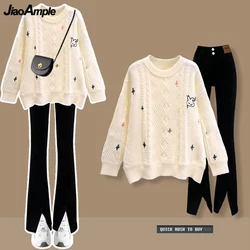 2023 Autumn Winter Women Matching Sets Cute Rabbit Sweater Pullover Slim Flare Pants 2 Piece Suit Korean Lady Knit Tops Trousers