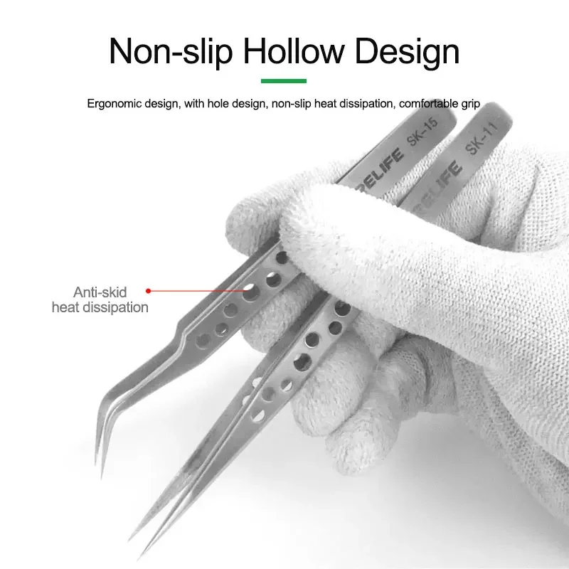 RELIFE SK-11/15 Universal Straight/Curved Tweezers with Holes for Phone Repair High Hardness Non-slip Anti-magnetic Forceps