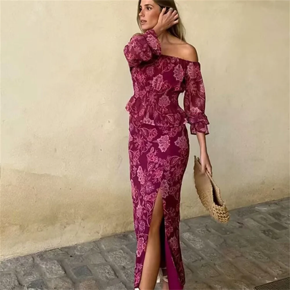 

Taop&Za 2024 Autumn New Product Women's Temperament Slimming One Piece Neck Printed Top High Waist Split Skirt Set