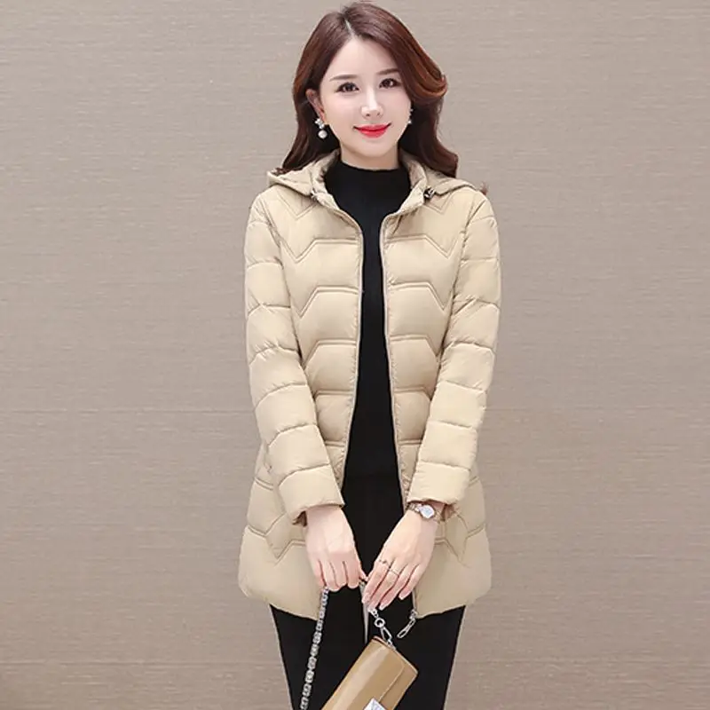 Winter Mid Length Hooded Jacket Women\'s Lightweight Slim Fit Down Cotton Coat Korean Fashion Mom Elegant and Generous Parkas