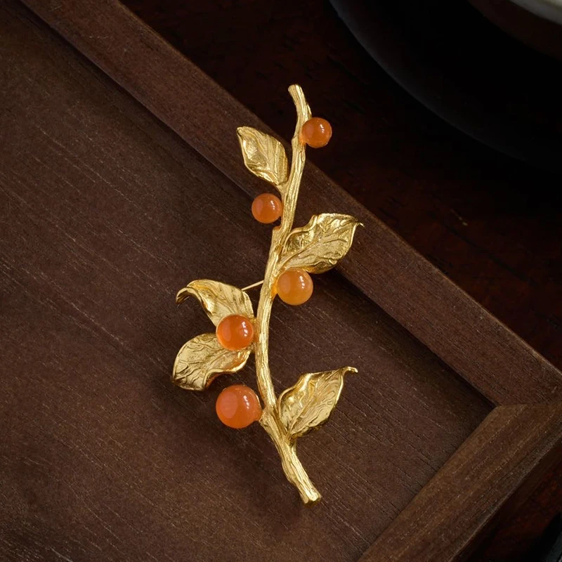 

Брошь S925 Серебряный натуральный красный агат и жемчуг с цветочным рисунком, булавка на лацкан с драгоценными камнями ботанических фруктов, массивные ювелирные изделия ручной работы