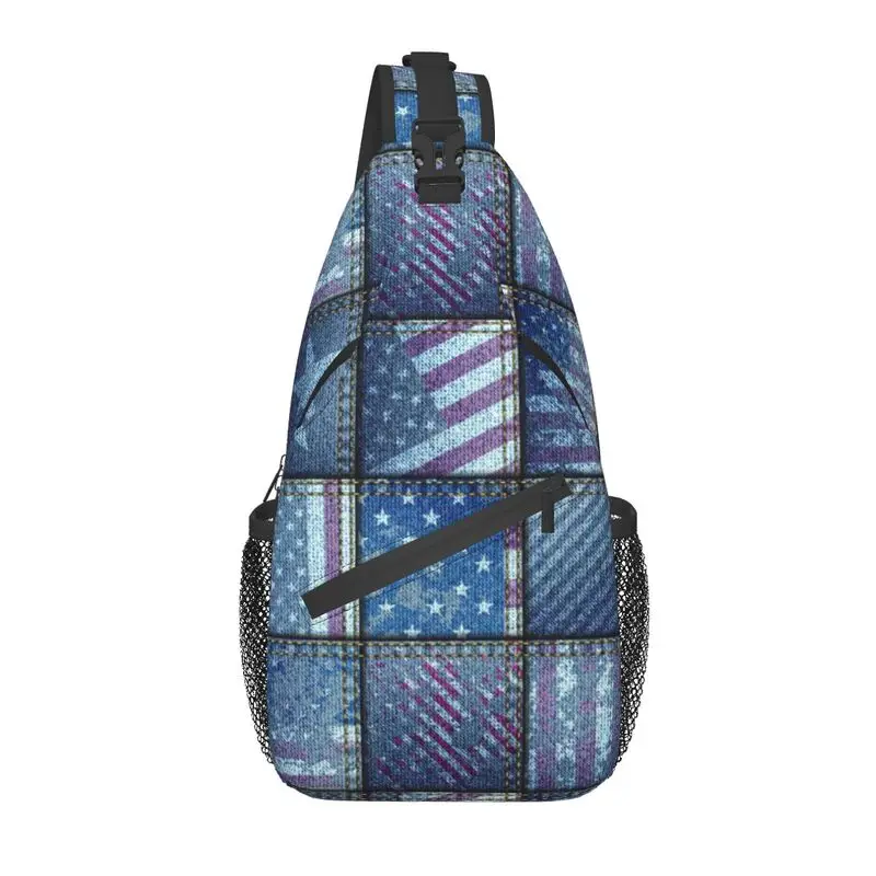 Simple Jeans With American Flag Sling Chest Bag Denim Patchwork Shoulder Crossbody Backpack for Men Travel Hiking Daypack