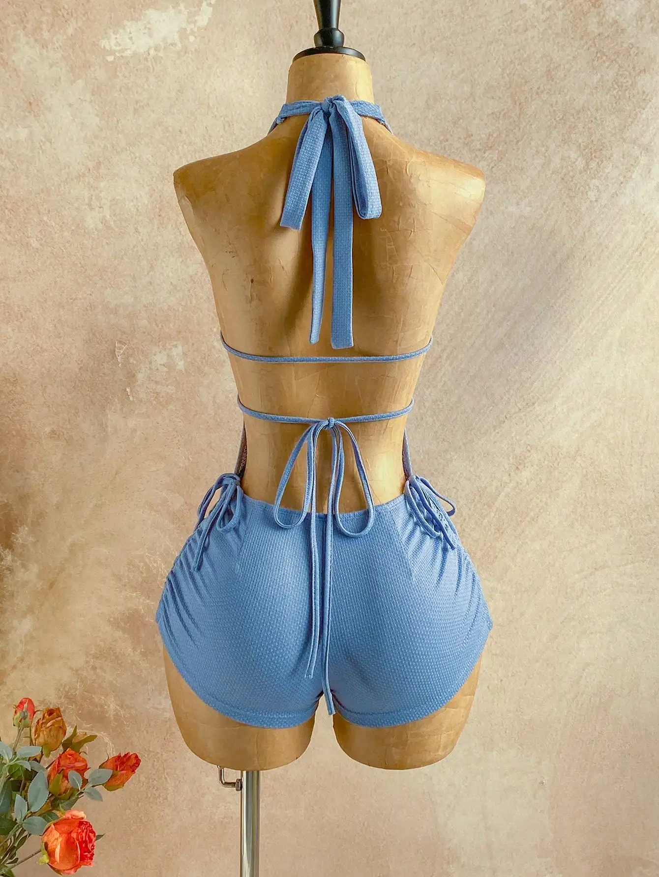 Dusty Blue Knit Hollow Out Drawstring Jumpsuit, Textured Floral Boho Chic, Summer Vacation Party Cruise Date Romper for Women