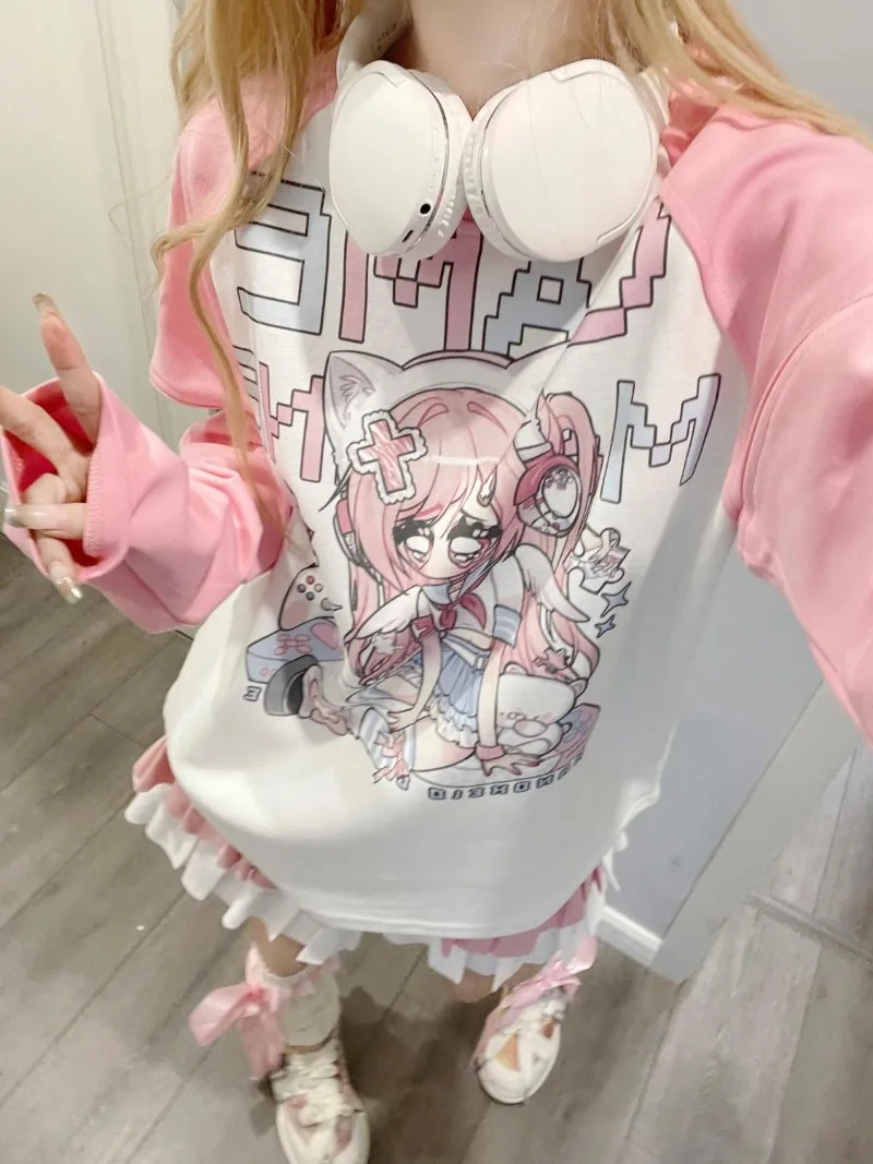 Camisetas Pink Contrast Color Japanese Anime Tshirts O-Neck Tees Removable Long Sleeve Preppy Style Summer Women Y2k Cartoon