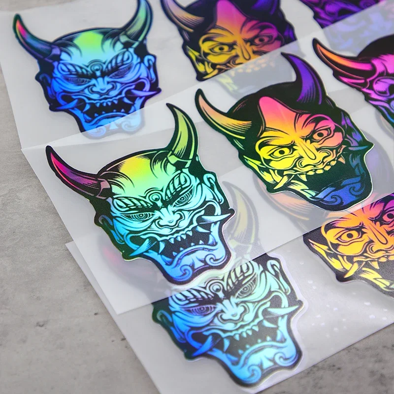 1 шт., японские наклейки на автомобиль с маской ONI, голографический цвет, сшивающий дизайн, идеально подходят для добавления модной атмосферы вашего автомобиля, уникальный декор