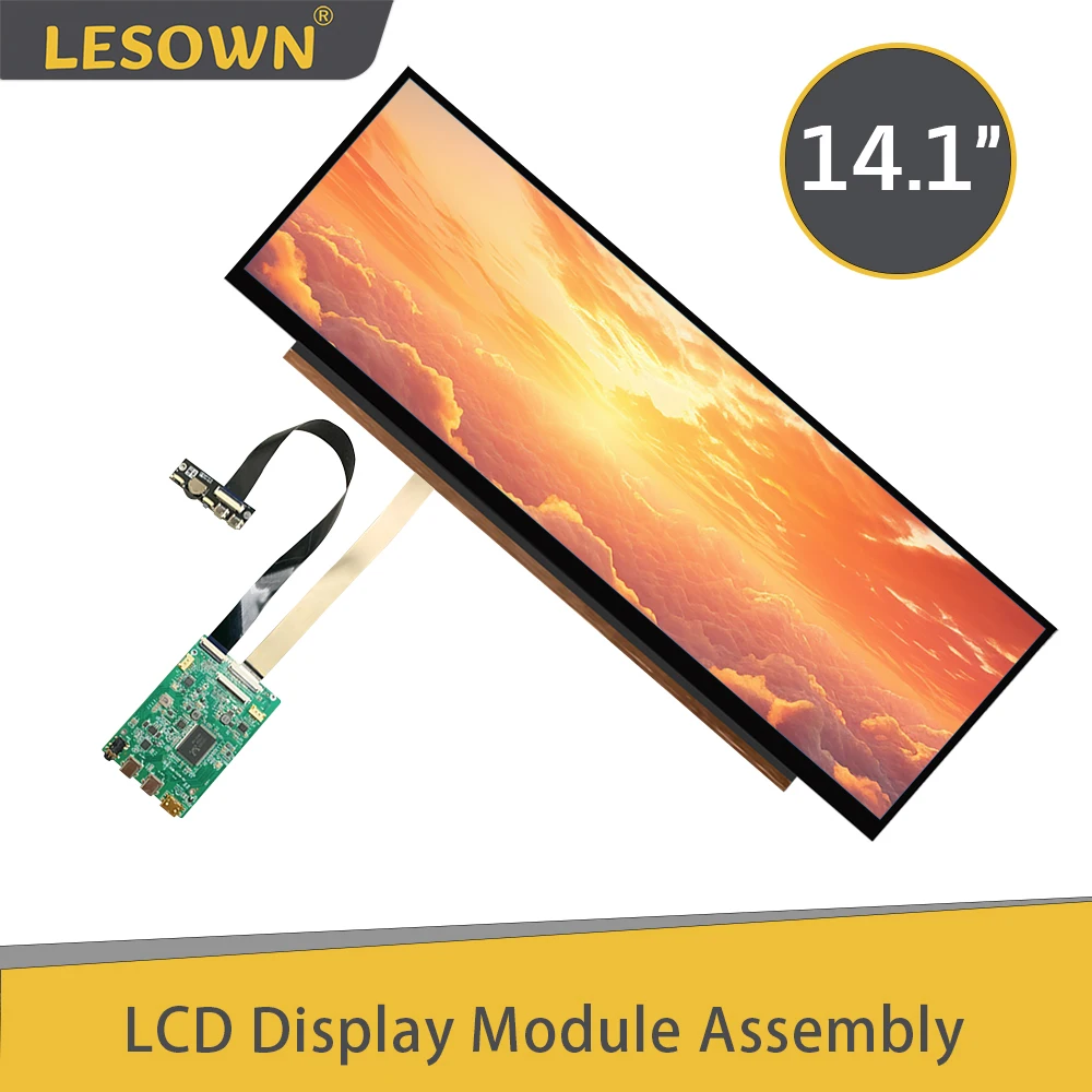 LESOWN 14.1 inch Stretched Bar LCD Wide Panel Display Touchscreen 1920x550 IPS HDMI USB C Module Display for Windows PC Case