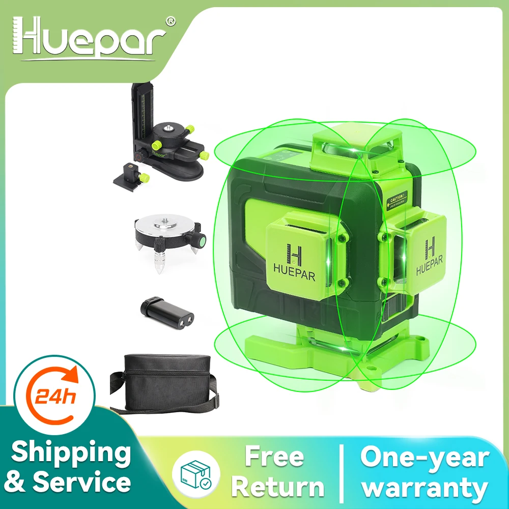 Huepar 16 lines 4D Cross Line Laser Level Green Beam Line With Li-ion battery For Tiles Floor Multifunction & Remote Control