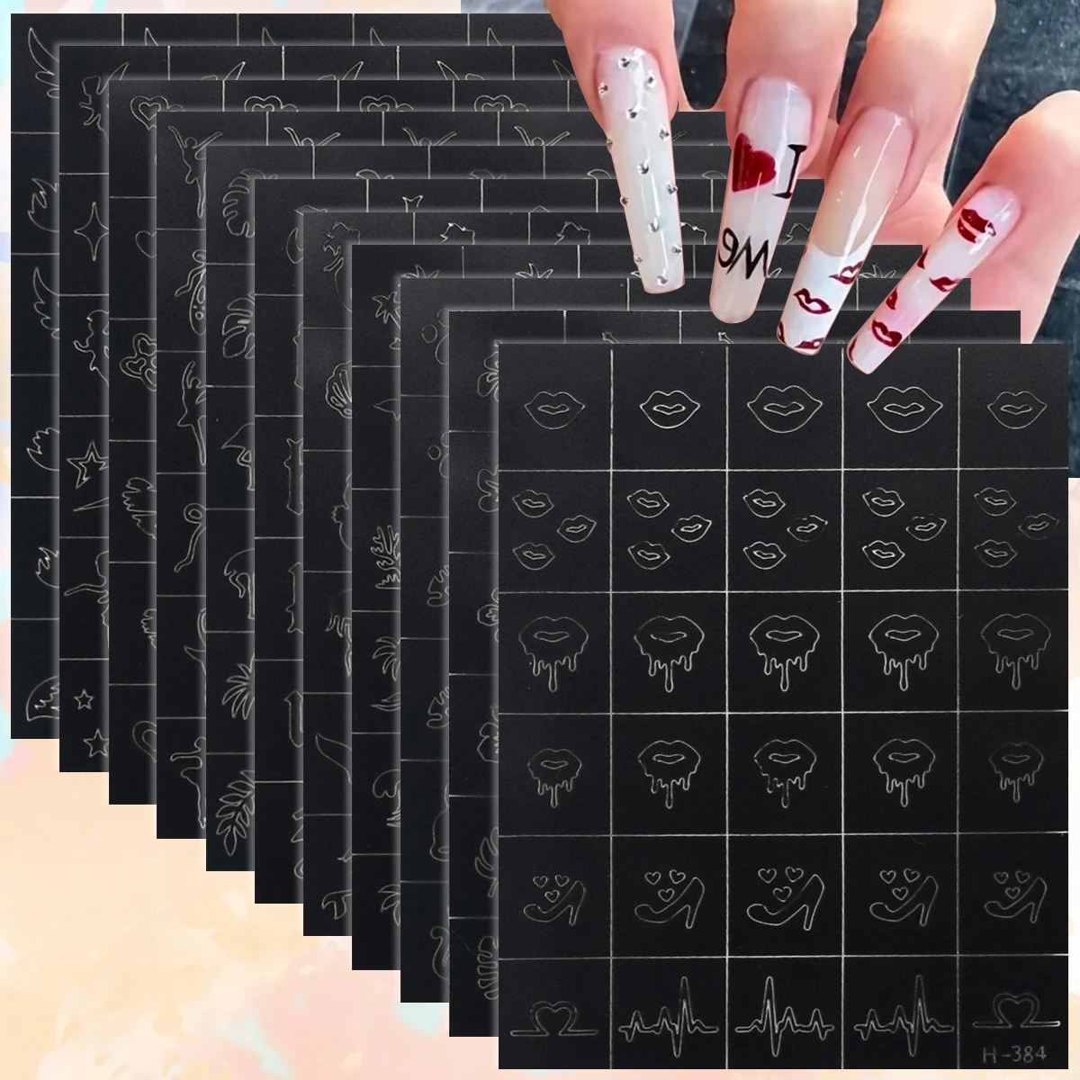 3 to 110 Sheets Black Airbrush Nail Stencil Stickers Mixed Pattern Self Adhesive Hollow Template Nail Guides DIY Manicure
