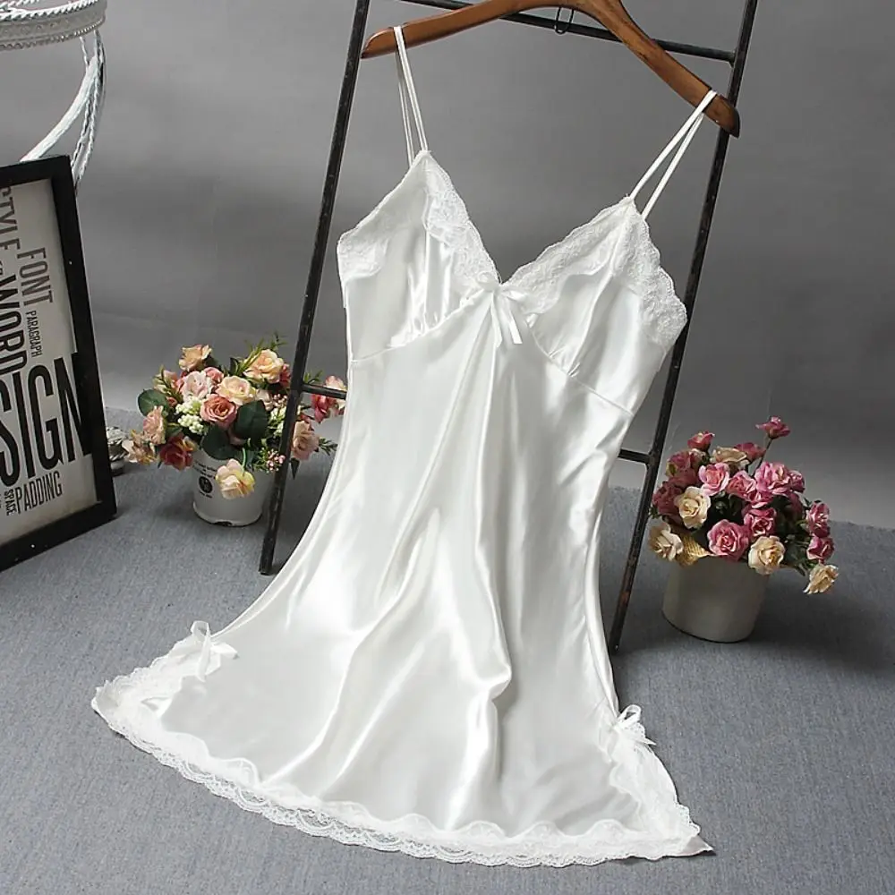 Cute Lace Camisola Bowknots Women's Nightgowns Lingerie Nighty Patchwork Silk Dress Women