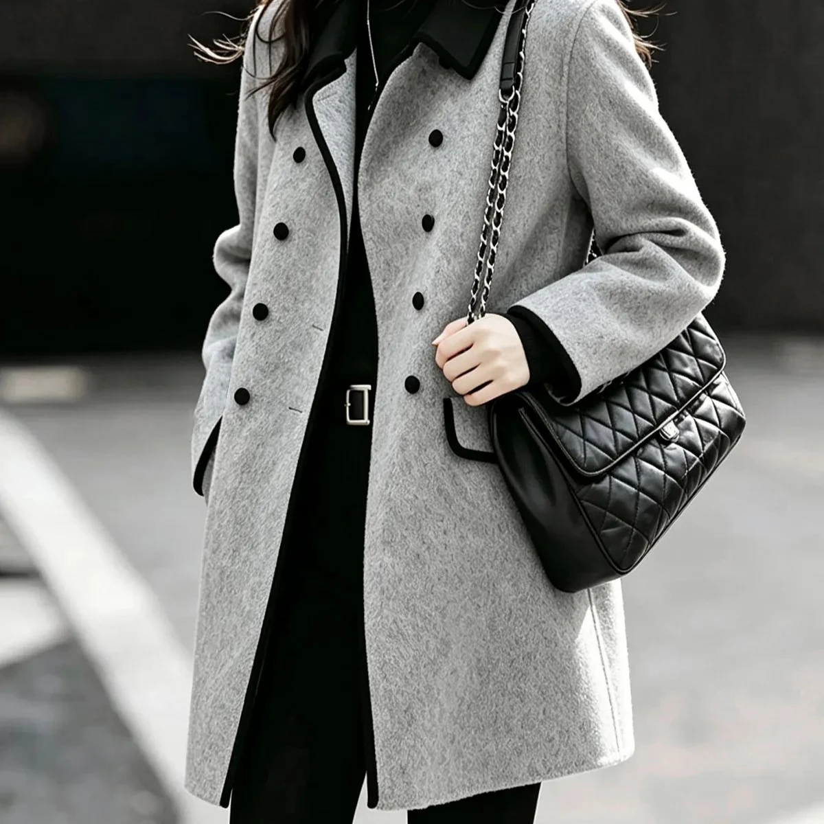 Women Autumn Winter Korean Color Block Woolen Coat, Double Breasted Slim Fit Notch Lapel Mid Length Outerwear