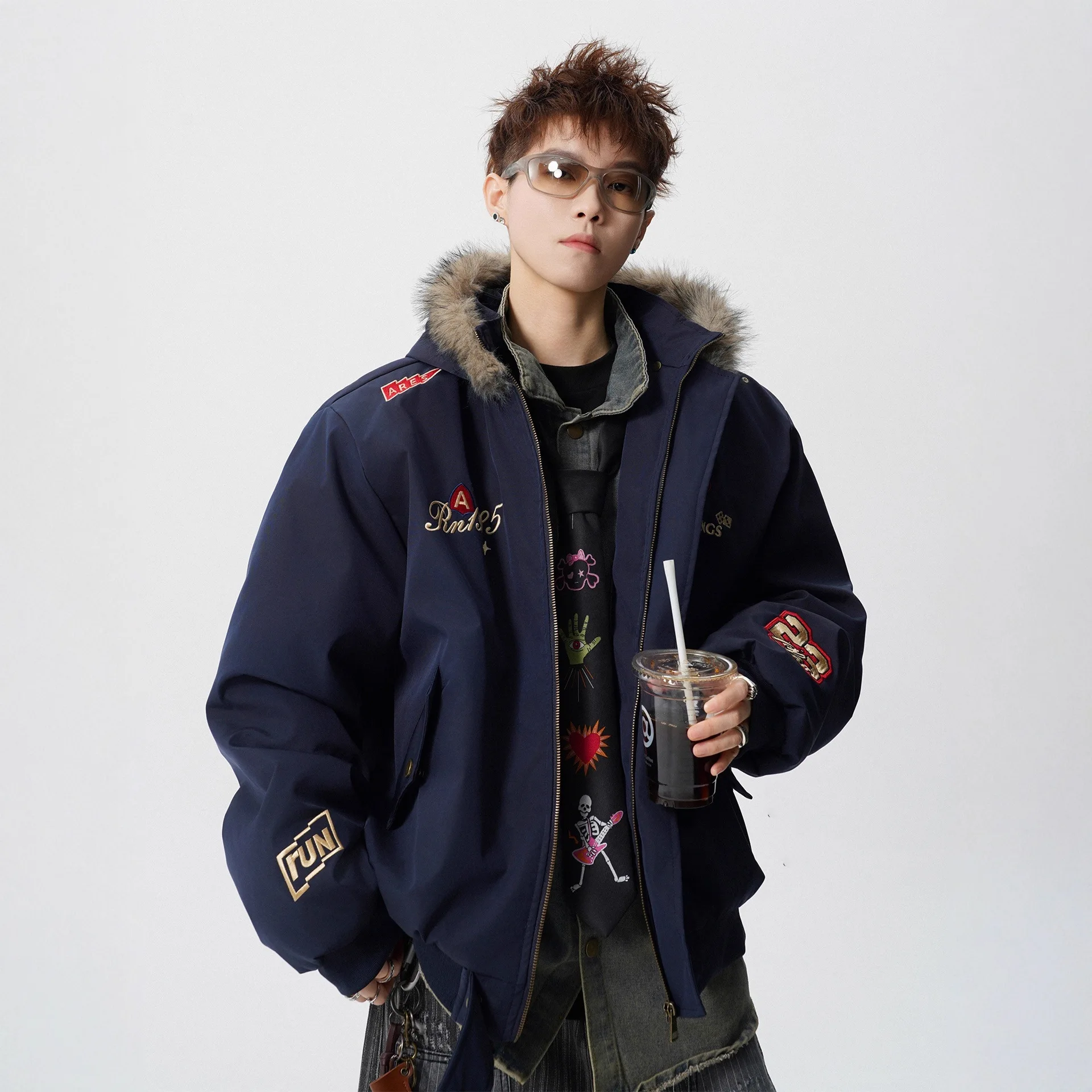 2025 Winter New Fashion Embroidered Fur Cotton Clothes for Men and Women Thickened Warm Commuting Coldproof Casual Jackets
