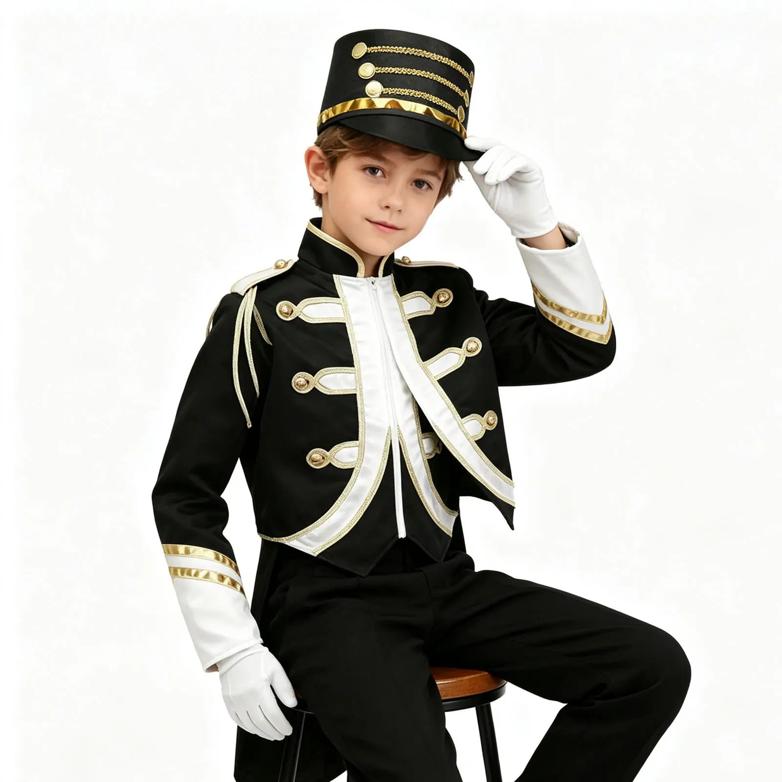 Kids Boys Trumpet Honor Guard Team Uniform Marching Band Outfit Long Sleeve Zip Up Contrast Color Trim Jacket Hat Gloves Suits