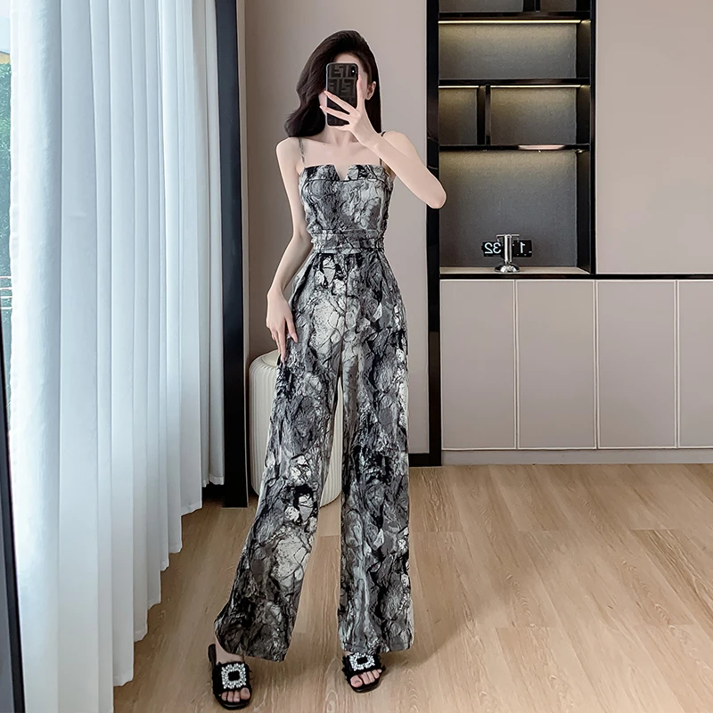 

Camisole jumpsuit for women in the summer of 2024 new thin and high-end jumpsuit with wide legs, ink printed sleeveless jumpsuit