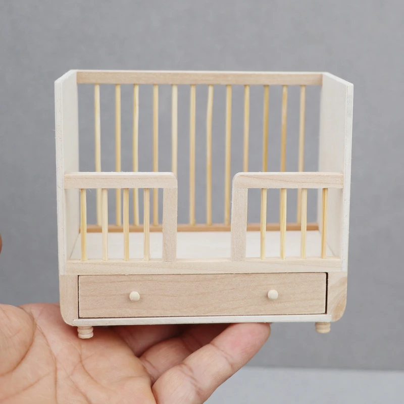 1Pc Poppenhuis Miniatuur Houten Babybedje Wieg Meubels Model 1:12 Poppenhuis Speelhuis Speelgoed Decor Accessoires