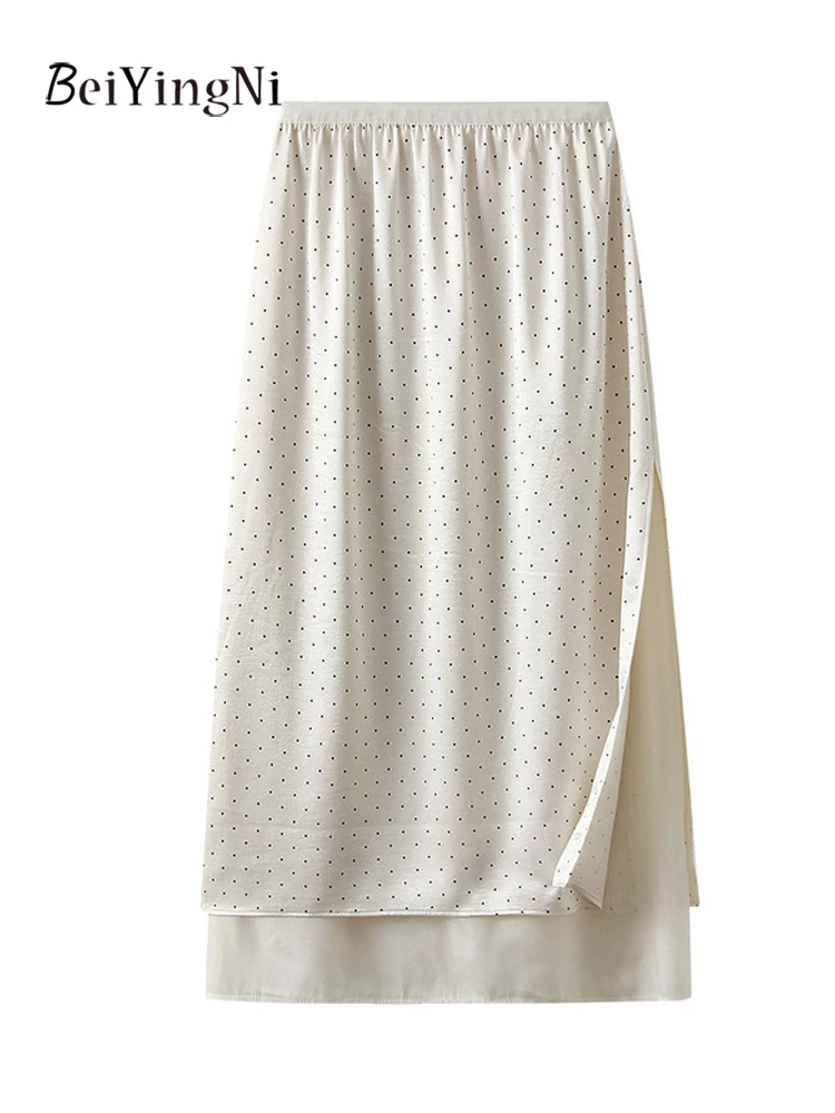 

Beiyingni French Elegant Satin Straight Skirts Woman Dots Printed Patchwork Casual High Waist A-line Skirts Female Black Faldas