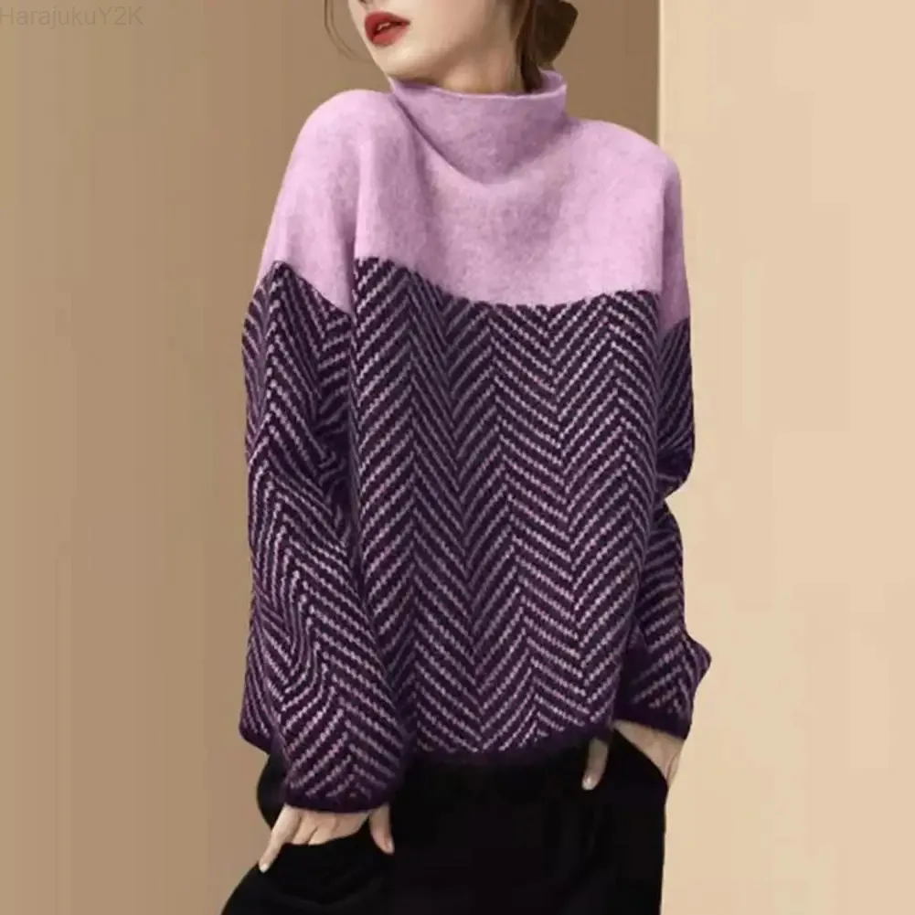 Women's Sweater Autumn Vintage Colorblocking Half Turtleneck Knit Sweater Loose Lazy Style Inside Matching Pullover Sweater Tops