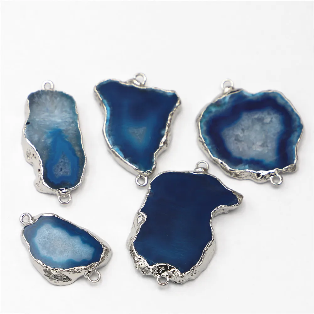 New Natural Stones Blue Agates Druzy Slice Pendants Charms Connectors Irregular Raw For DIY Men Jewelry Making Wholesale 5PCS