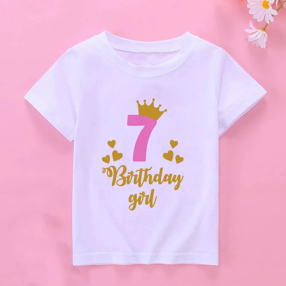 New Cute Kids Girls Happy Birthday T-shirts Short Sleeved T Shirt Number 1-10 Year Old Children Gift Party Clothing Tops