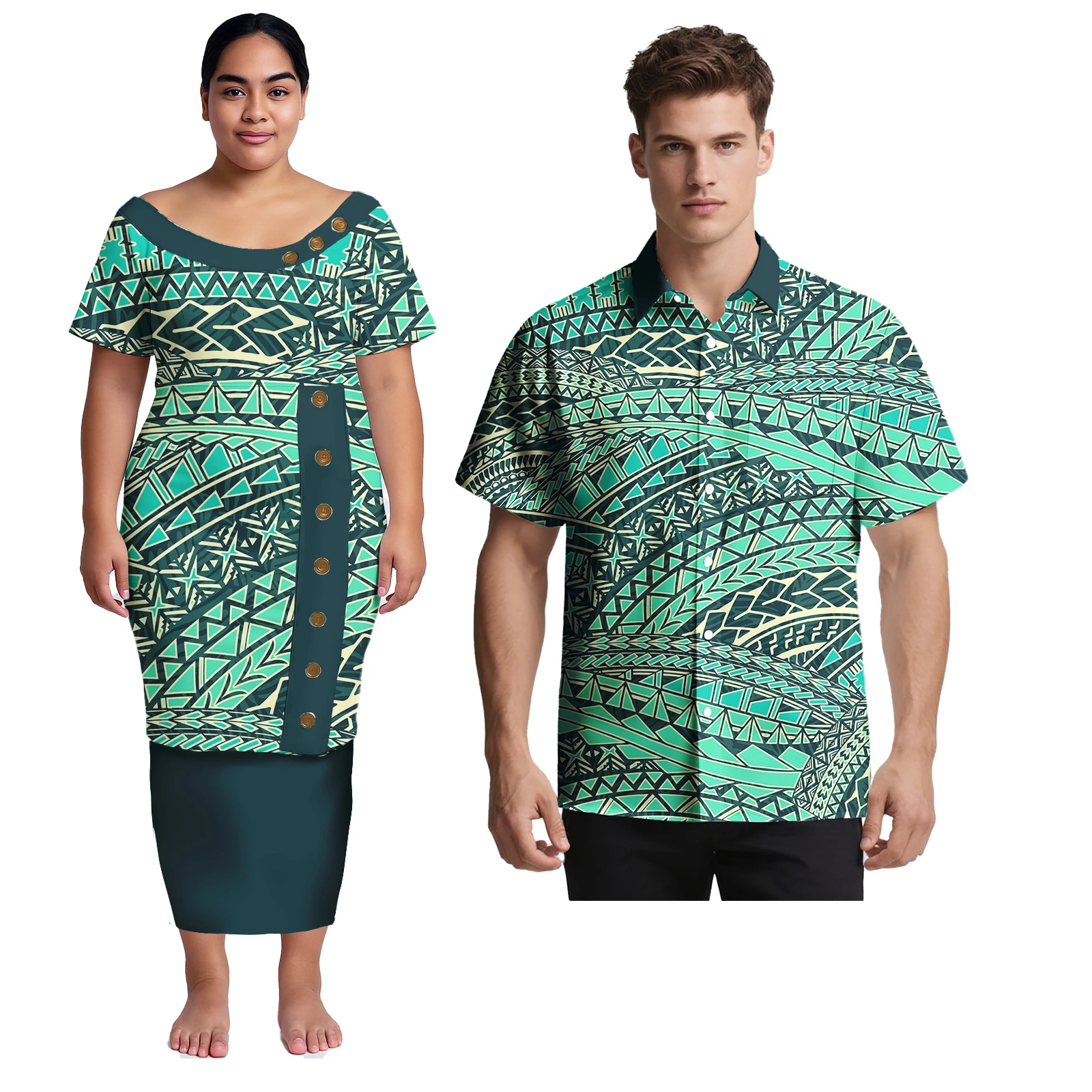 Coppia di vestiti Isand Style Design Samoano Taglie forti Aloha Camicia da uomo abbinata al vestito puletasi hawaiano femminile