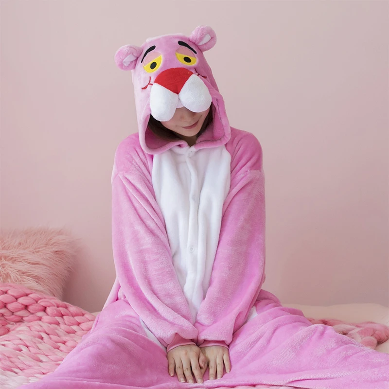 Pink Leopard Kigurumi Unicorn Pajamas Sets Flannel Animal Pyjamas Ladies Winter Nightie Sleepwear Homewear Cosplay Costume