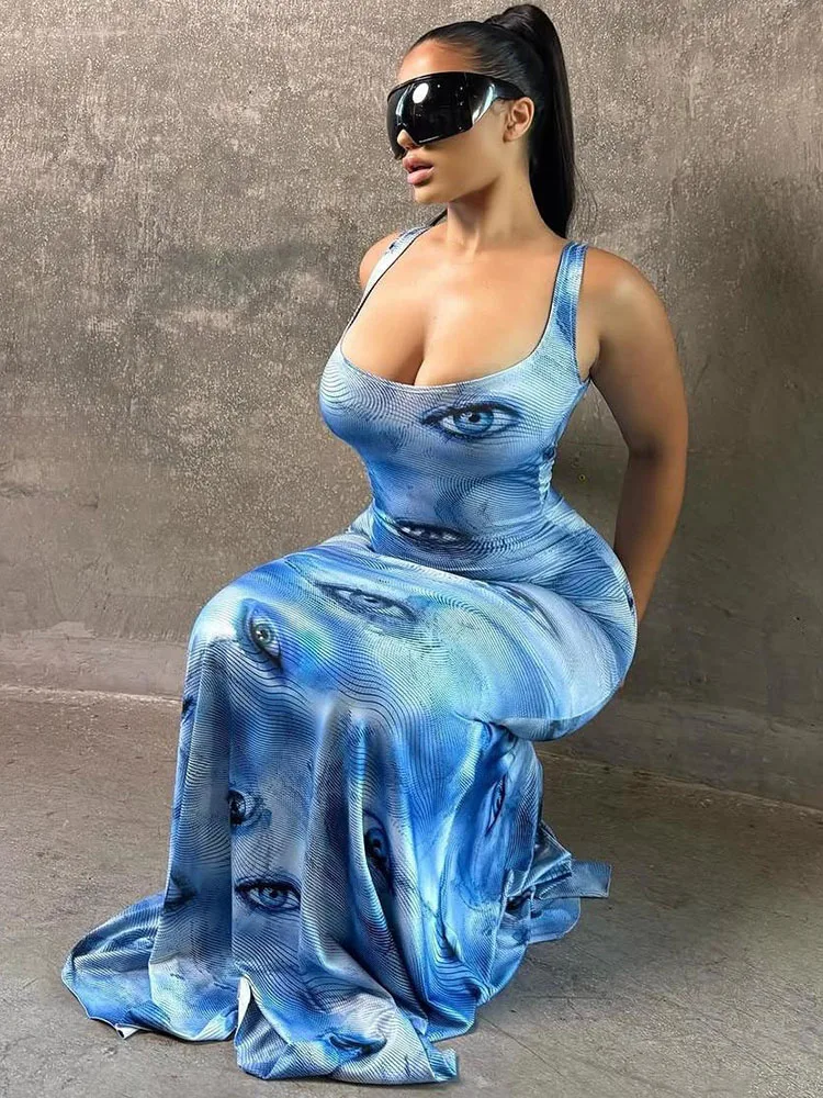 Nibber مثير ماكسي فساتين امرأة عيون طباعة مثير منخفضة الرقبة الانقسام أكمام نحيل عالية الخصر رداء الساخن الفتيات موضة Vestidos #1