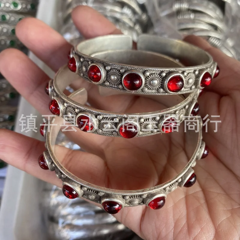 Tibetan Miao Vintage Engraving Open Women's White Copper Silver-Plated Bracelet Ethnic Style Jew