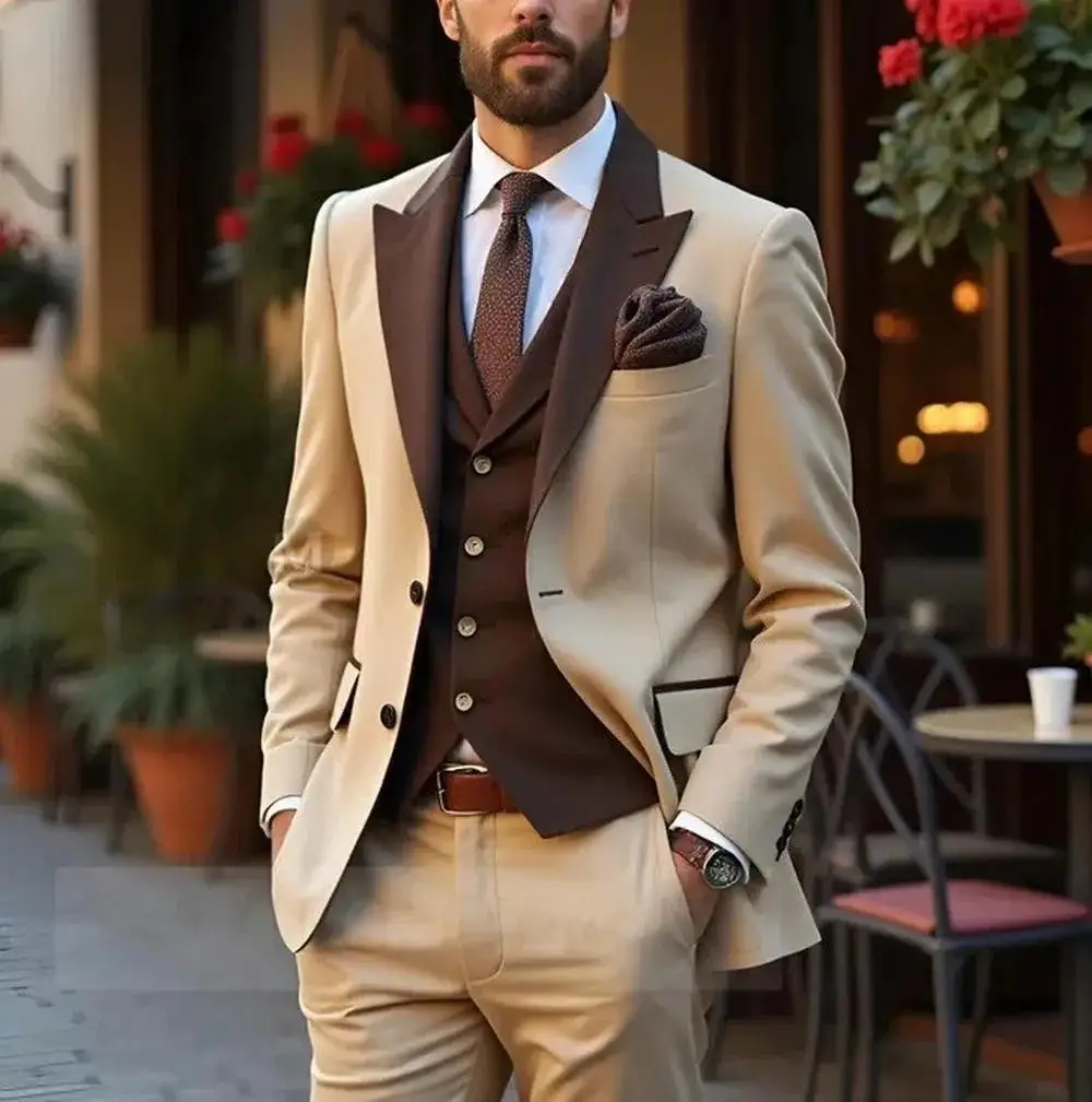 

Beige And Brown Casual Men Suit Wedding Party Formal Groom Groomsman Prom Business Male Tuxedos 3 Piece Set Jacket Vest Pants
