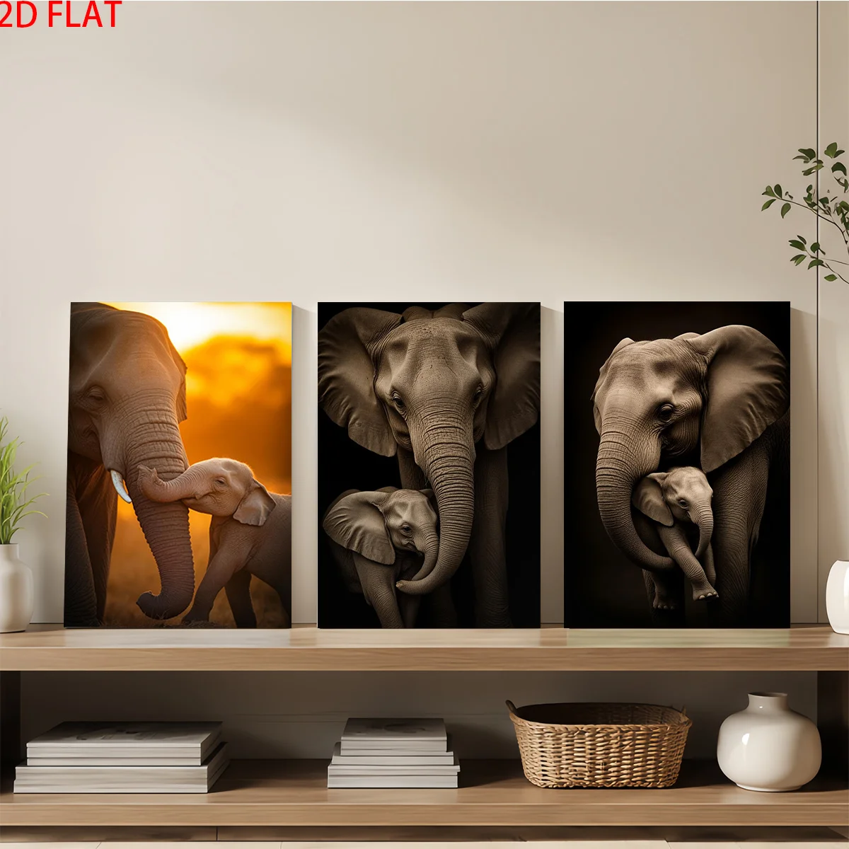 Frameless Canvas 2D Flat 3pc Wall Art – Three Canvas Prints Of Elephants Adult And Calf In Different Tones Perfect For Aesth