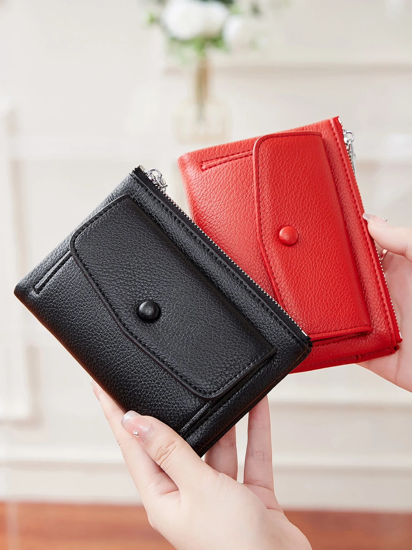 

Women's wallet PU leather short double zippered wallet simple solid color large capacity credit card holder bag with coin pocket