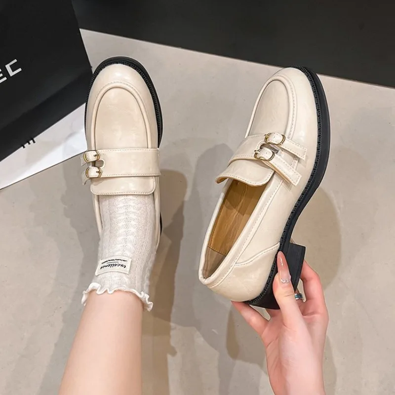 Women's Loafers Round Toe Low Block Heel Leather-Look Upper Double Buckle Strap Slip-On Casual Evening Walking Workplace Shoes