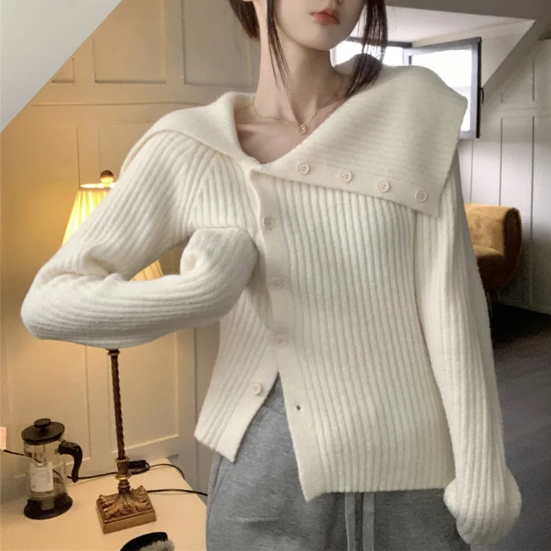 Gagarich Autumn Winter New Collar Slimming Knitted Cardigan Women Diagonal Button Vertical Stripe Multi Women Outerwear Outfit