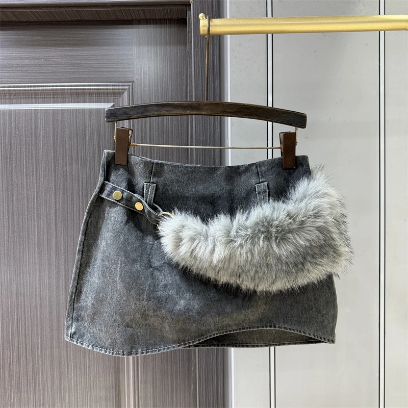 

Vintage Spicy Girl Fur Collar Decorated Gray PU Leather Short Skirt, Women Autumn Irregular Elegant Age-Reducing Slimming Skirt