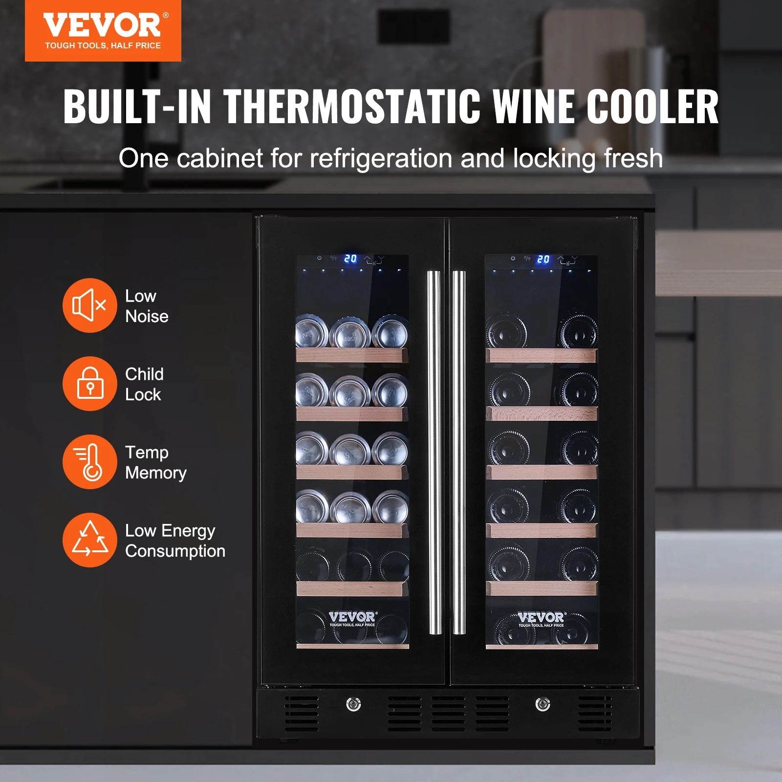 VEVOR-refrigerador de 24 "para vino y bebidas, 78 latas y 20 botellas, puerta de vidrio templado de doble zona, Control de temperatura Digital, luz LED azul