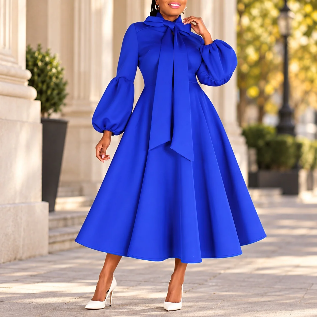 Puff Sleeve High Waist Dress Midi Length Refined Commuter with Long Sleeves Full Skirt Elegant and Refined Autumn for Women