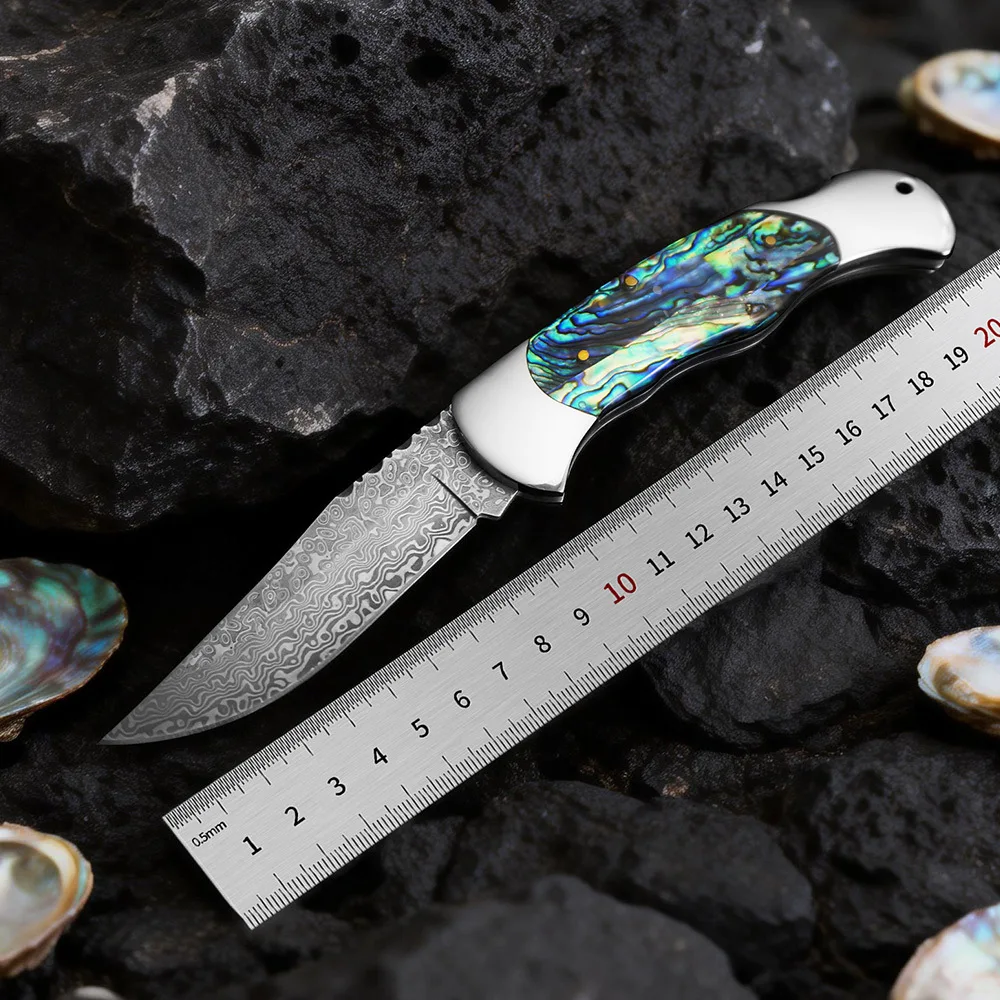 Damascus field portable folding knife with colorful shell and steel handle for home collection